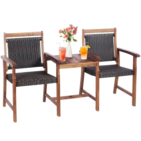 Costway 2-Seat Patio Rattan Bench Acacia Wood Frame Table W/Umbrella Hole Deck {3}