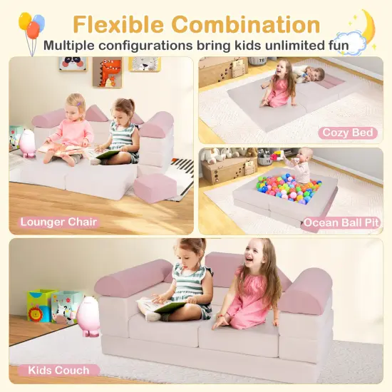 Suede Fabric Convertible Kids Play Couch Set with Foam Blocks and Cushions Pink {6}
