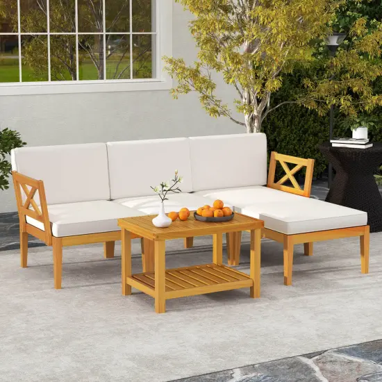 Costway 5 PCS Acacia Wood Patio Furniture Set with 2-Tier Coffee Table and Cushions {1}