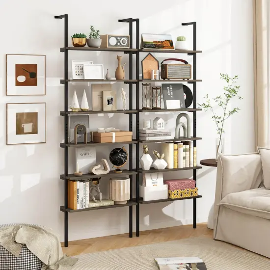 Costway 6-tier Ladder Shelf 72 Inches Industrial Wall Mounted Bookshelf Brown/Oak {5}