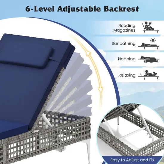 Costway 1/2 PSC Patio Chaise Lounge Chair with 6-Level Adjustable Backrest Removable Cushion Navy/White/Gray {6}