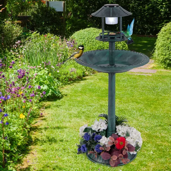 PP Solar Bird Bath Feeder Planter with LED Light and Vintage Design Green {3}