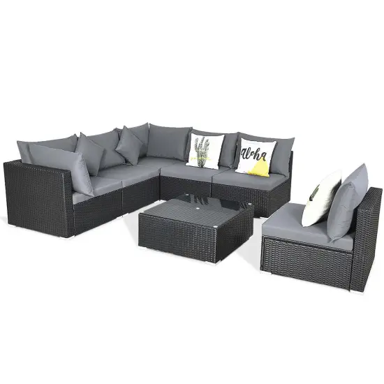 Costway 7PCS Patio Rattan Sofa Set Sectional Conversation Furniture Set Garden Beige/Navy/Gray {2}