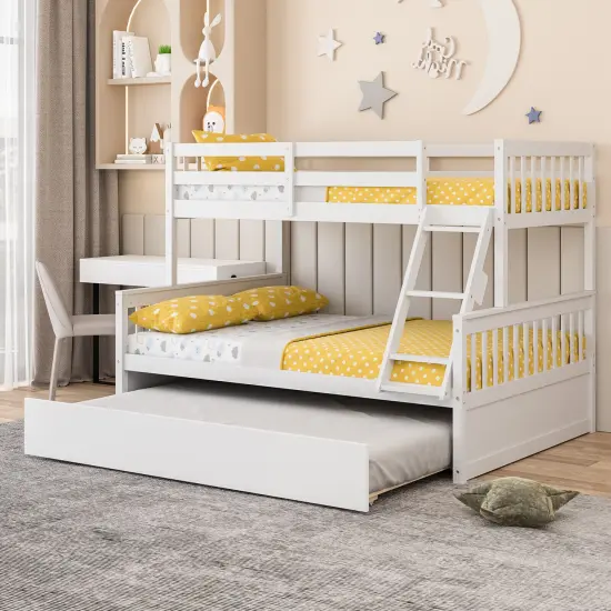 Pine Wood Twin Over Full Bunk Bed with Trundle, Guardrails and Ladder White {2}