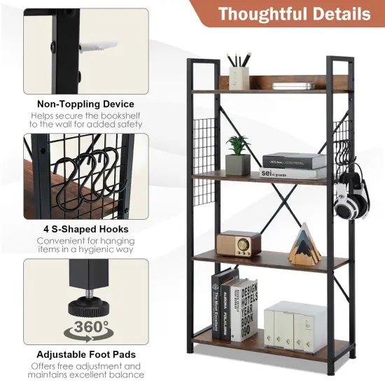 Costway 4 -Tier Industrial Bookshelf Open Storage Bookcase Display Shelf for Home Office {5}