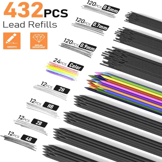 25PCS Art Mechanical Pencil Set with Case, 3PCS Metal Artist Lead Pencil 0.5, 0.7, 0.9 mm & 3PCS 2mm Holder (HB 2H 2B 4B Color) with 432PCS Graphite Lead Refills for Drawing Sketching {2}