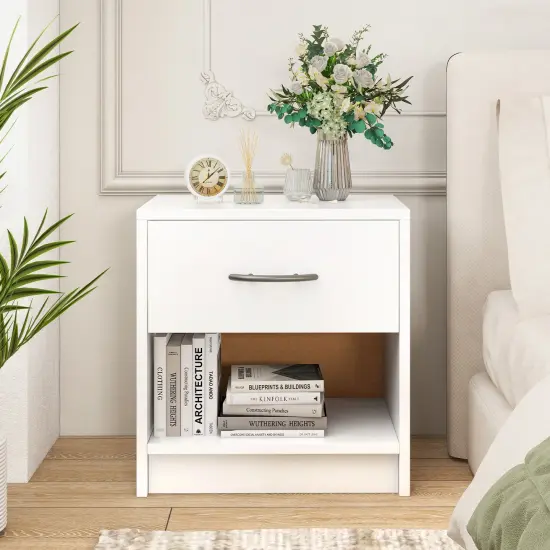 Nightstand with Drawer, Open Shelf, Modern Design and Sturdy Structure White {6}