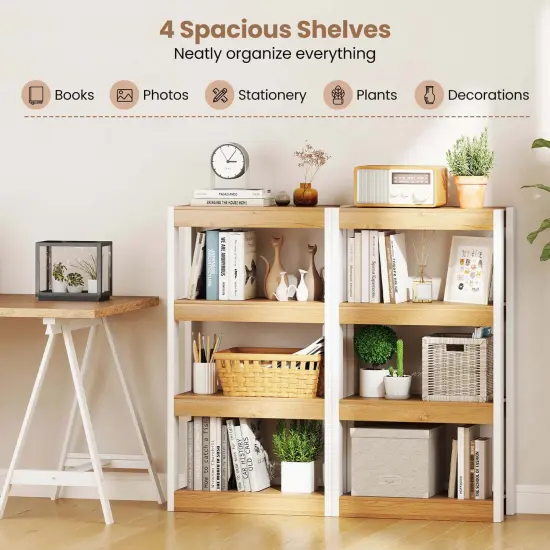 Costway 1/2 PCS 4 Tier Bookshelf Wooden Bookcase with Dual Anti-Tipping Kits Open Shelving Unit Natural/Brown {6}