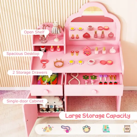 Kids Vanity Set, Cloud Shape Mirror, Storage and Pine Wood Stool Pink {5}