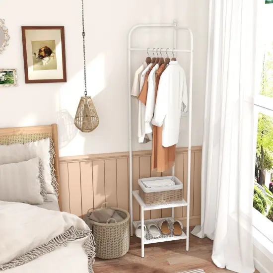 Corner Coat Rack with Top Hanger and 2 Mesh Shelves for Entryway White {2}