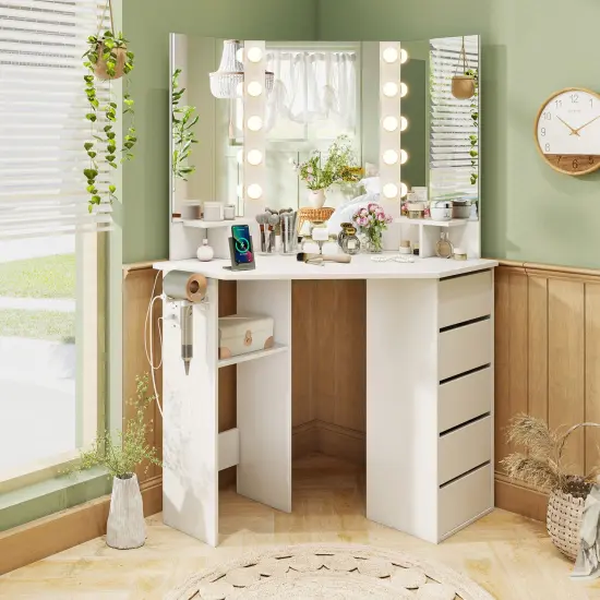 5 Drawers Corner Vanity Desk with LED Mirror and Charging Station Storage Shelves for Bedroom White {6}