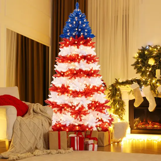 Costway 7.5 FT Patriotic Pre-Lit Artificial Christmas Tree with 1341 Branch Tips 480 Lights {1}