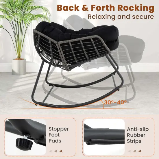 Costway 1/2 PCS Outdoor Rocking Chair Oversized Patio PE Wicker Egg Chair Rattan Lounge Chair Black {6}