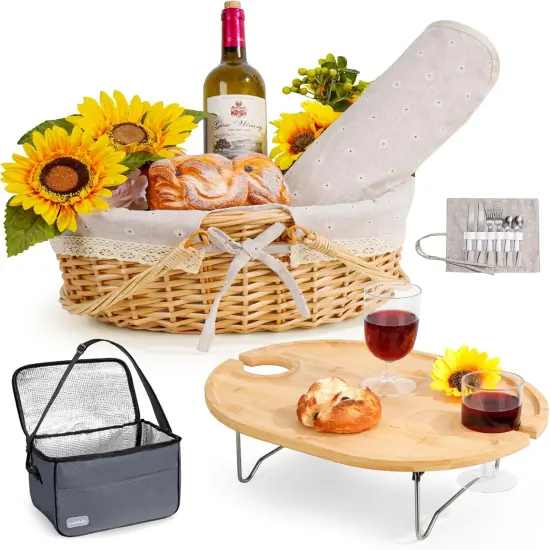 Picnic Basket for 2 with Table and Blanket, Collapsible Cooler Bag Insulated, Picnic Set for Beach, Picnic Hamper, Picnic Date Essentials for Outdoor, Picnic Accessories, Wedding {1}