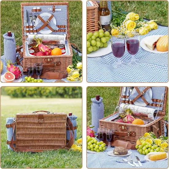 Picnic Baskets for 2, Picnic Basket with Waterproof Blanket, Picnic Basket Set with Washable Beach Mat & Large Insulated Cooler Compartment, Handmade Natural Wicker Hamper for Camping, Outdoor Party {3}
