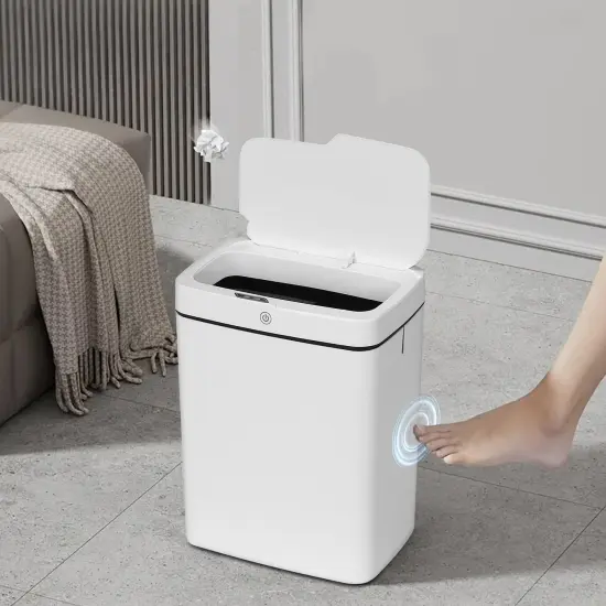 Smart White Bathroom Trash Can with Touchless Motion Sensor - Slim Design, 3-Mode Opening (Motion, Manual, Kick), Ideal for Cat Litter Disposal, Perfect for Bedroom, Office & Kitchen Use {1}
