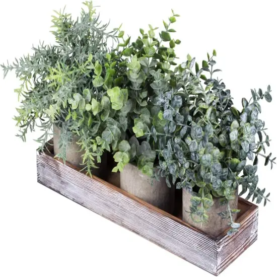 Set of 3 Mini Artificial Eucalyptus & Rosemary Plants in Wooden Planter {1}