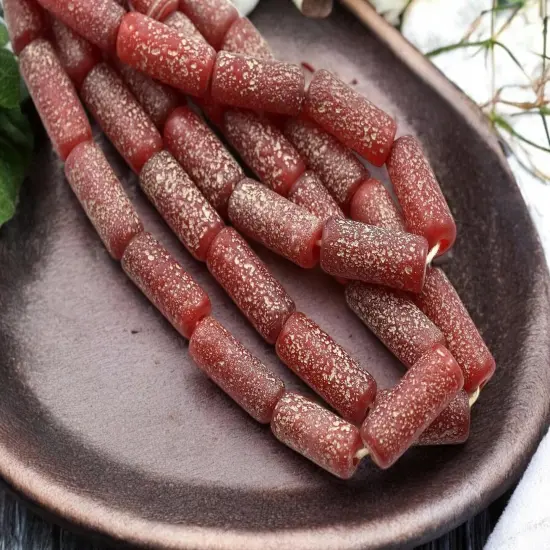 10x25mm Matte Ruby Red Pompeii Tube Beads (18" Strand) - Indonesian Glass Beads {4}