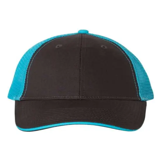 Valucap® Sandwich Trucker Cap Stylish Comfortable Fit Charcoal/ Neon Blue {1}