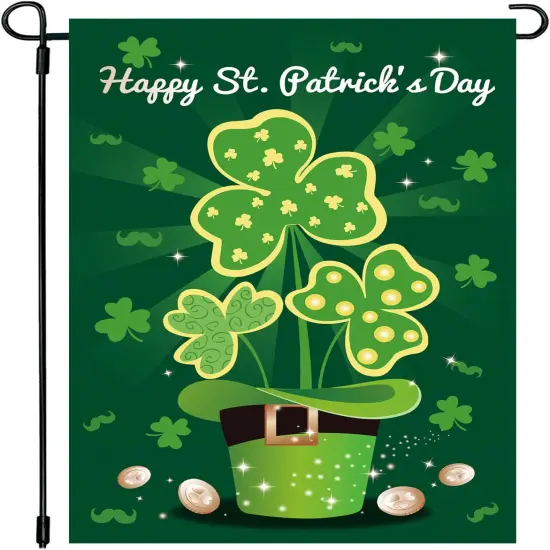 Happy St. Patrick's Day Garden Flag Shamrock Leprechaun Hat Decorative Irish Yard Flags Double Sided 12 x 18 Inch Saint Patrick's Day Lucky Day Outdoor Garden Lawn Farmhouse Decorations {1}