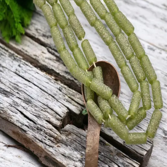 10x25mm Matte Peridot Pompeii Tube Beads (18" Strand) - Indonesian Glass Beads {3}