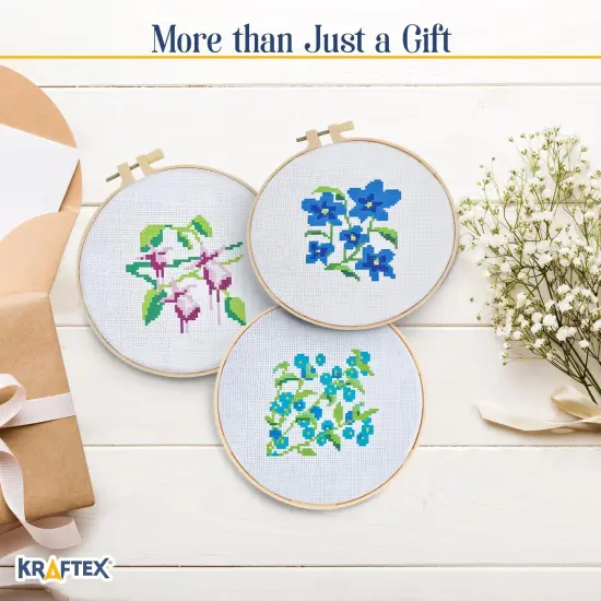 Floral Stamped Cross Stitch Kits for Beginners - 3 Pack. DIY Embroidery Needlepoint Patterns for Adults and Kids. Easy Cross Stitch Kits for Beginners (Blue Flowers, Forget Me Not & Fuschia) {3}