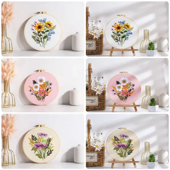3 PCS Embroidery Kit for Beginners - Cross Stitch DIY Craft Set, Flower Embroidery Accessories & Hoop Included, Hand Embroidery Kit for Adults Stitching Sewing Kit Gift | FlowerB Patterns {2}