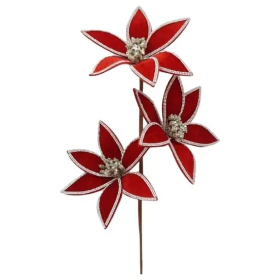 24" Triple Velvet Jewel Poinsettia Stem: Red {1}