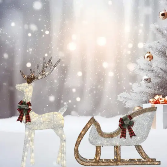 Light-Up Silver Deer & Sleigh 48" Deer Pulling 38" Sleigh Holiday Decoration {2}
