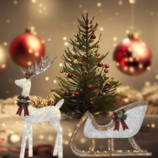 48"H Silver Deer with 38"L Sleigh Lighted Outdoor Christmas Display {4}