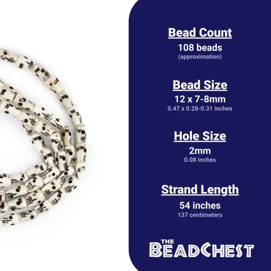 The Bead Chest Carved Bone Skull Mala Beads 12x8mmLong Strand Nepal Black and White Large Hole 54 Inch Strand {5}