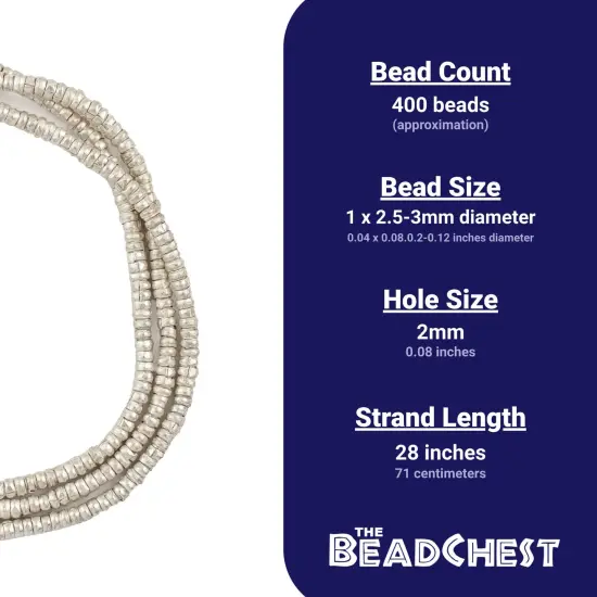 The Bead Chest Silver Heishi Beads &ndash; 3mm Ethiopian Metal Spacers, Full Strand for Jewelry MakingI Approximately 400 Beads {4}