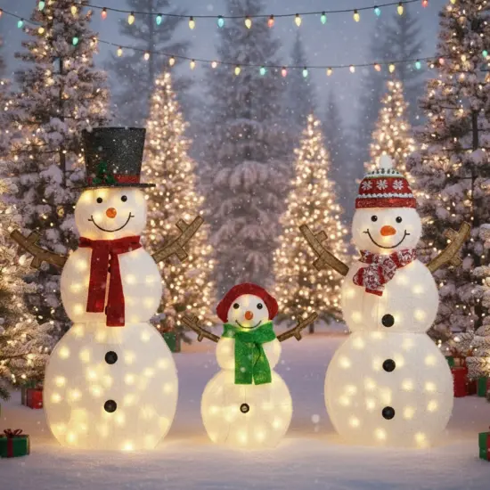 Set of Three Lighted 2D Snowmen 48-Inch, 42-Inch & 24-Inch Christmas Decorations {2}