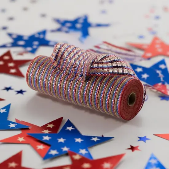 10" All Foil Thin Stripes Mesh Ribbon: Red, Natural, Blue (10 Yards) {4}