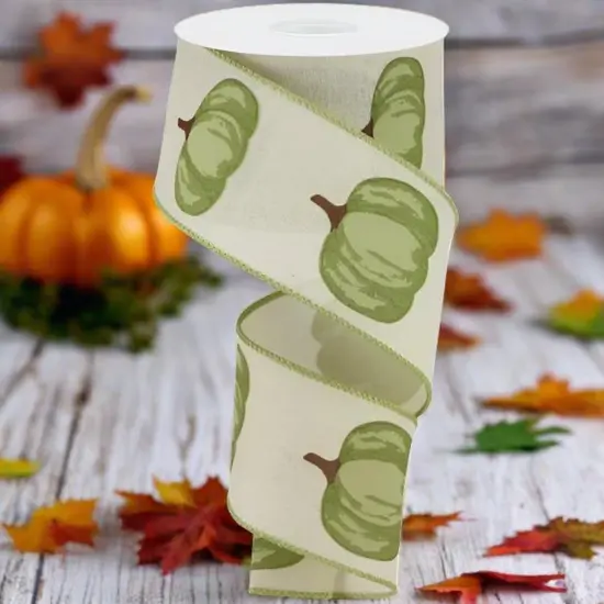 2.5" Green Pumpkin Ribbon: Cream (10 Yards) {4}