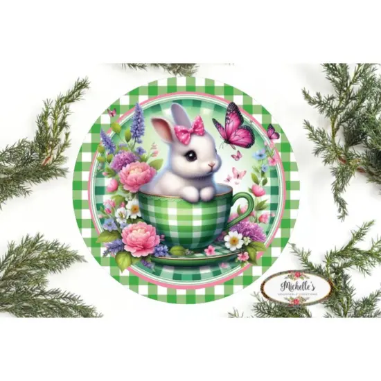Green Check Easter Spring Bunny Teacup Sign {1}