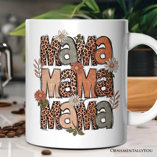 Leopard Mama Floral Mug, Retro Wildflowers Gift for Mothers {1}