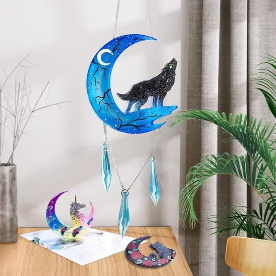 LET'S RESIN Resin Molds, Crescents Moon Molds, Epoxy Molds, Silicone Molds for Epoxy Resin, Wolf with Moon, Cat with Moon, Unicorn with Moon {5}