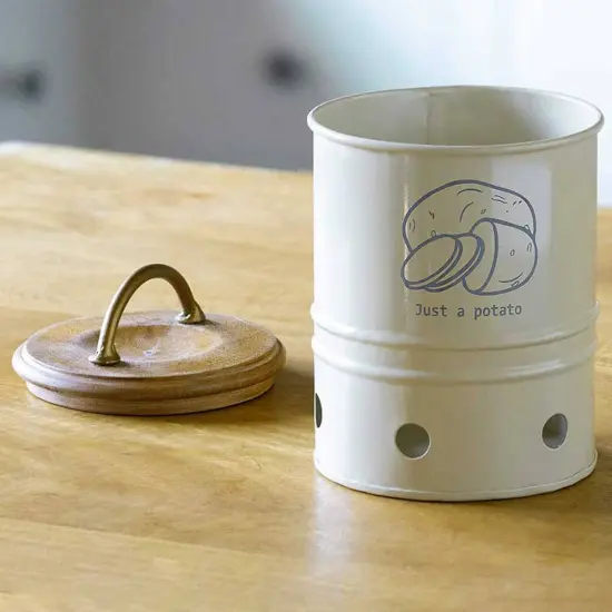 Metal Potato Storage Bin with Wooden Lid - Durable & Stylish Kitchen Canister-6.9X6.9X11" {2}