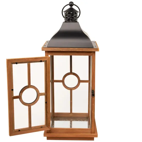 Northlight Natural Wood Candle Lanterns with Black Metal Tops - 26.5" - Set of 3 Brown {7}