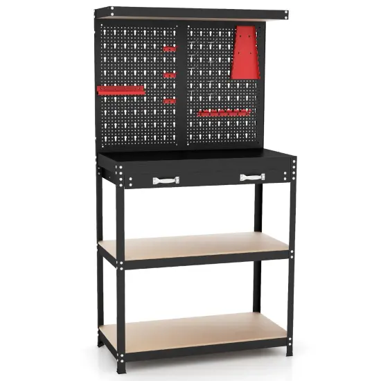 Freestanding Tool Storage Workbench with Pegboard with 14 Hanging Accessories and 2 Drawers Black and Red {3}