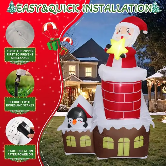 7FT H Lovely Christmas Inflatable Santa in The Chimney of Candy House with Penguin&Star Decorations, Blow up Christmas House with Build-in LED {4}
