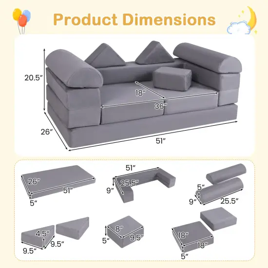 Suede Fabric Convertible Kids Play Couch Set with Foam Blocks and Cushions Gray {5}