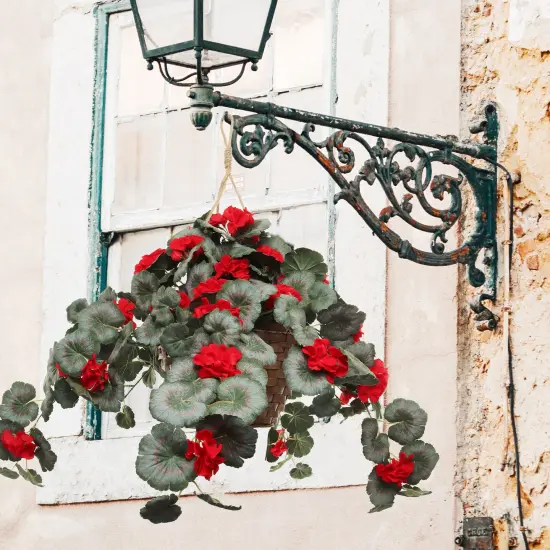 25" Red Hanging Geranium Basket &ndash; Lush Silk Flowers for Indoor & Outdoor Home D&eacute;cor {6}