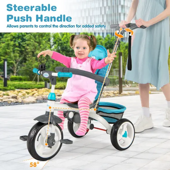 5-in-1 Detachable Baby Stroller Tricycle with Adjustable Sun Protection and Foldable Footrests Blue {5}