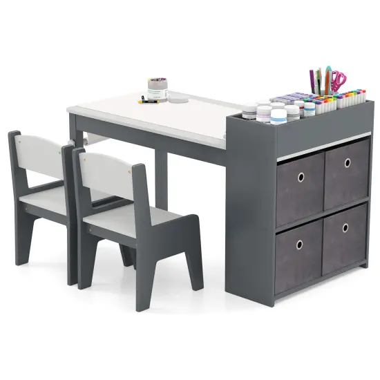 MDF and Metal Kids Art Table Set with Chairs, Storage and Paper Roll Gray {4}