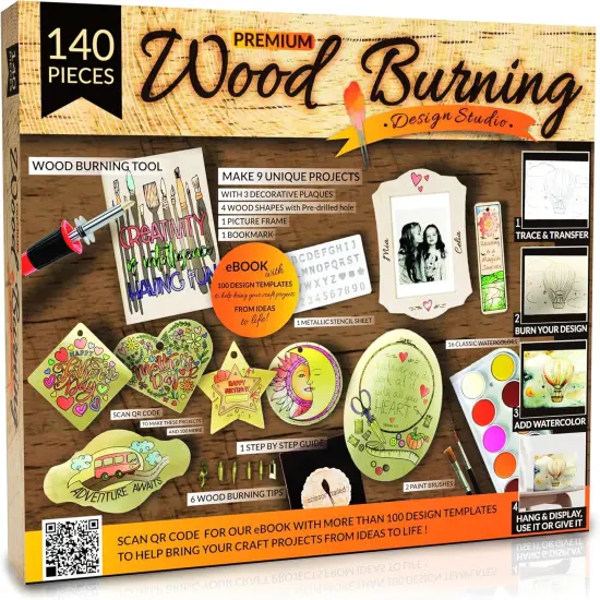 Beginners Wood Burning Kit 140 Pieces. Best Gift Idea for Art & Craft Kit Lovers. Woodburning DIY Hobby Kits With 9 Large Wooden Plaques To Make Unique Wood Burning Projects {2}