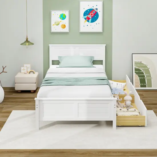 Twin Size Platform Bed with Drawers, Wood Headboard and Sturdy Frame White {5}