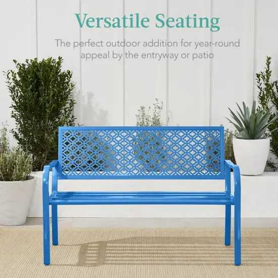 Best Choice Products Indoor Outdoor Steel Garden Bench w/ Geometric Backrest, Foot Levelers Ocean Blue {5}