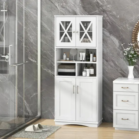 57-Inch Tall Freestanding Bathroom Storage Cabinet with 3 Adjustable Shelves and Acrylic Doors White {1}